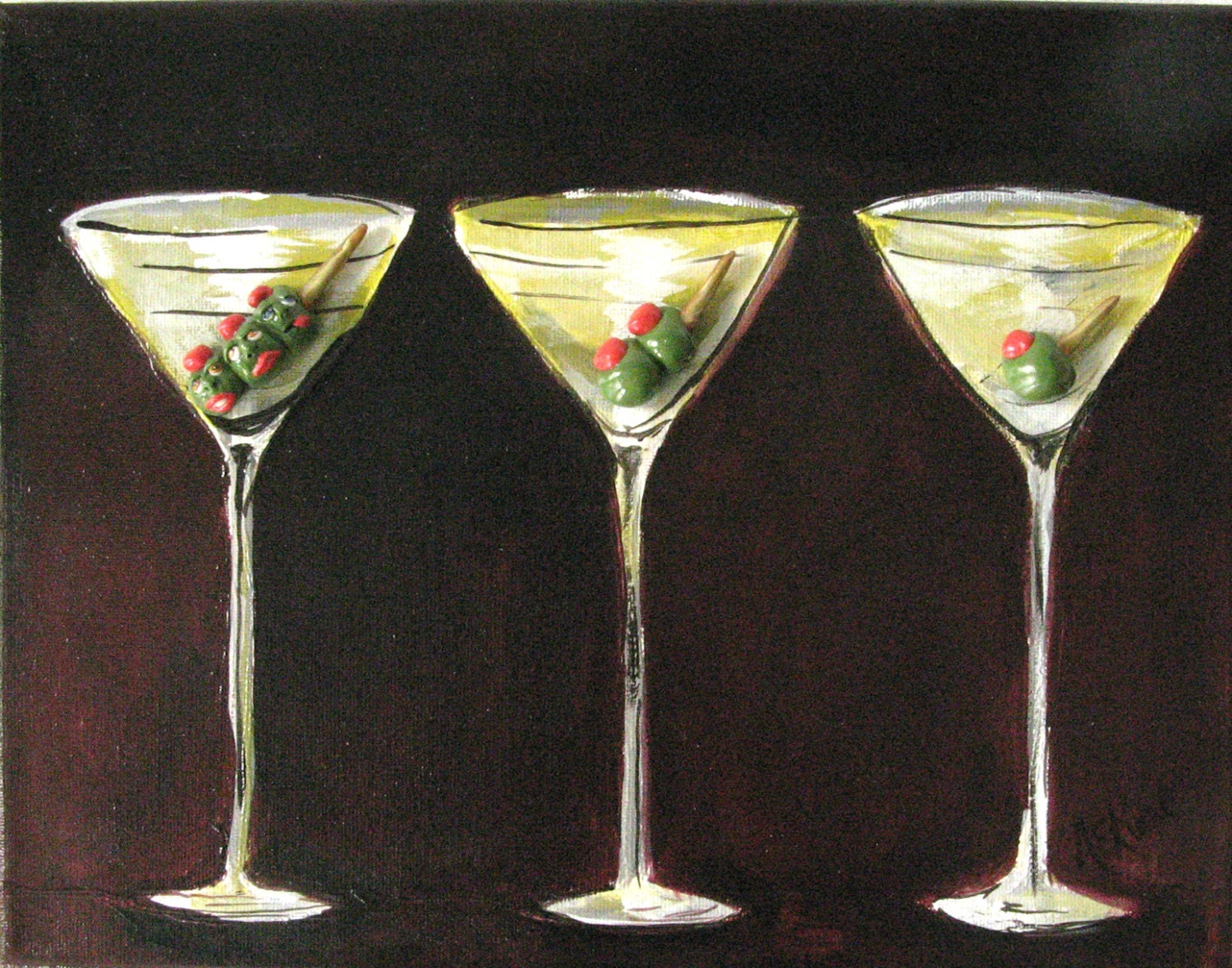 Martini Painting - Martini Cocktails with 3D Olives - Original Acrylic Painting on 11 x 14 canvas