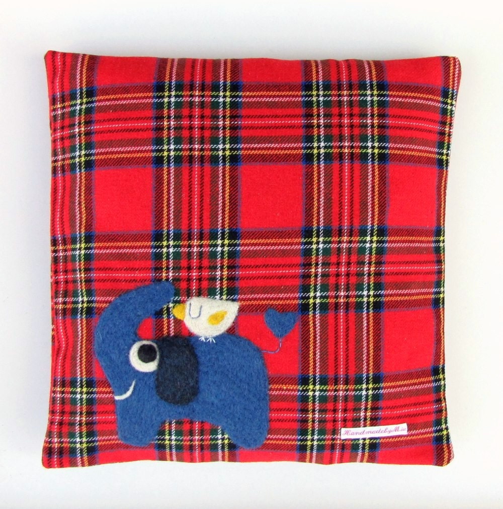 Pretty red tweed pillowcase cushion cover with needle felted blue elephant and white birdie