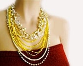 Yellow Bridesmaid Jewelry, Chunky Wedding Necklace, Bridal Pearl Rhinestone Necklace,Neon Wedding Necklace, MARIA