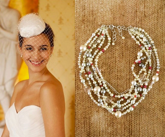 Chunky Pearl Wedding Necklace for Brides, Mother of The Bride Statement Necklace, Ivory Coral Grey Pearls with Rhinestone Chain and Crystals