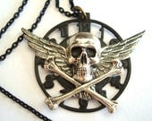 Gothic, Steampunk, Time To Fly Necklace Jewelry, Skull Wing Pendant, Silver Ox, USA Brass Metal, Handmade