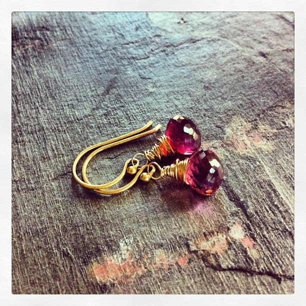 Minimal Hot Pink Magenta Quartz Earrings in Gold -Sweet Petites Everyday Jewelry Understated Minimal Style