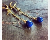 Lapis Lazuli Gold Orchid Flower  Dangle Earrings -   gifts for her September Birthday - Electricity