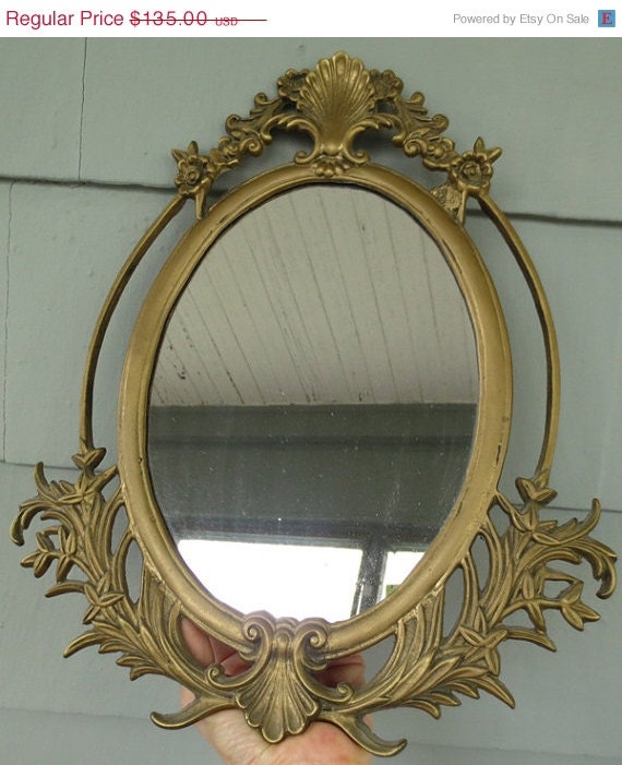 ON SALE Vintage Victorian Large Brass Iron Oval Ornate Mirror