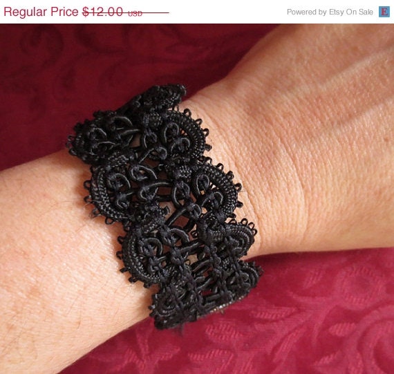 ON SALE Gothic Steampunk Handmade Black Crochet Cuff Bracelet