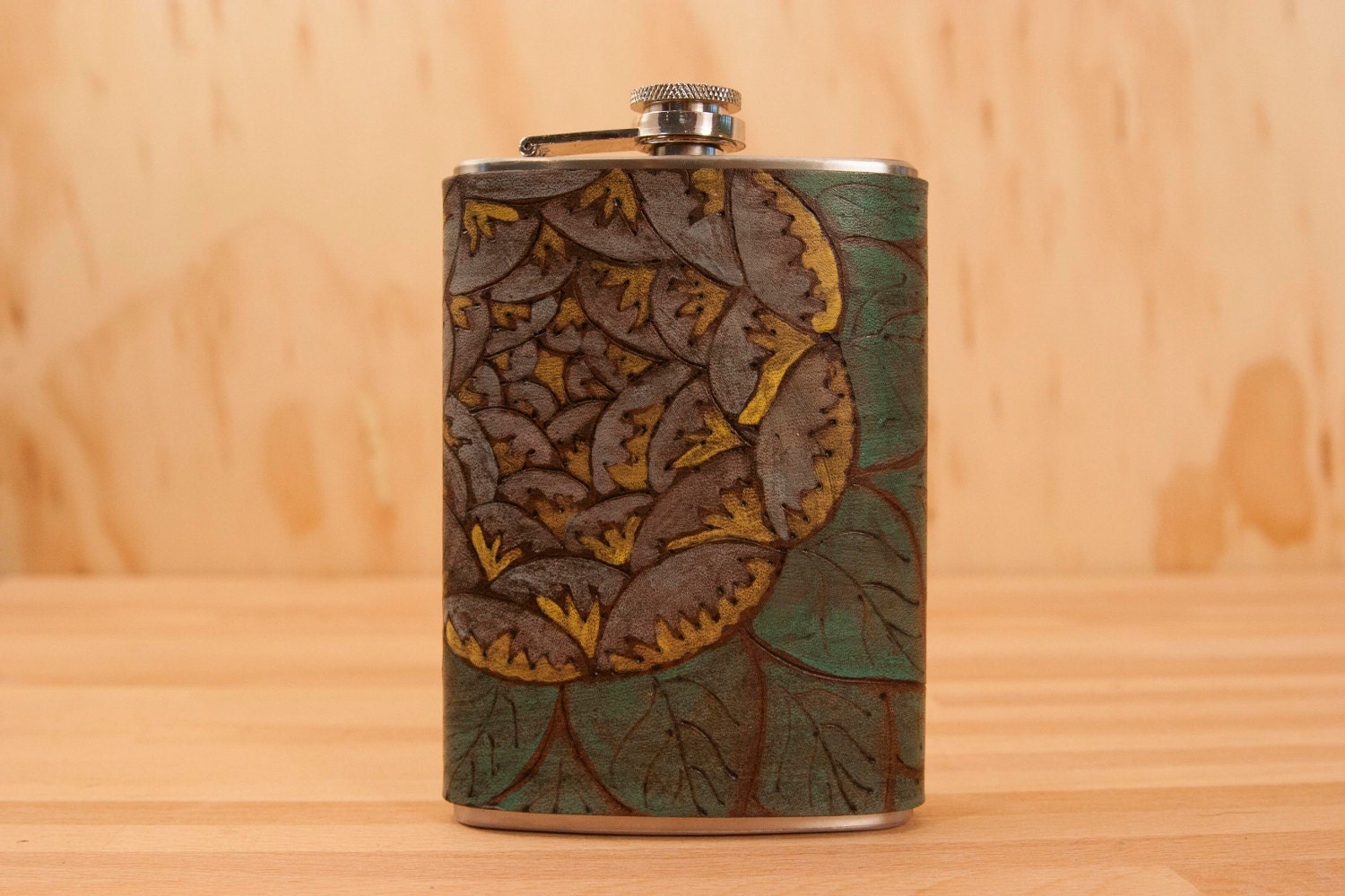 8oz Flask - Leather and Stainless Steel - Julia pattern with flower and leaves