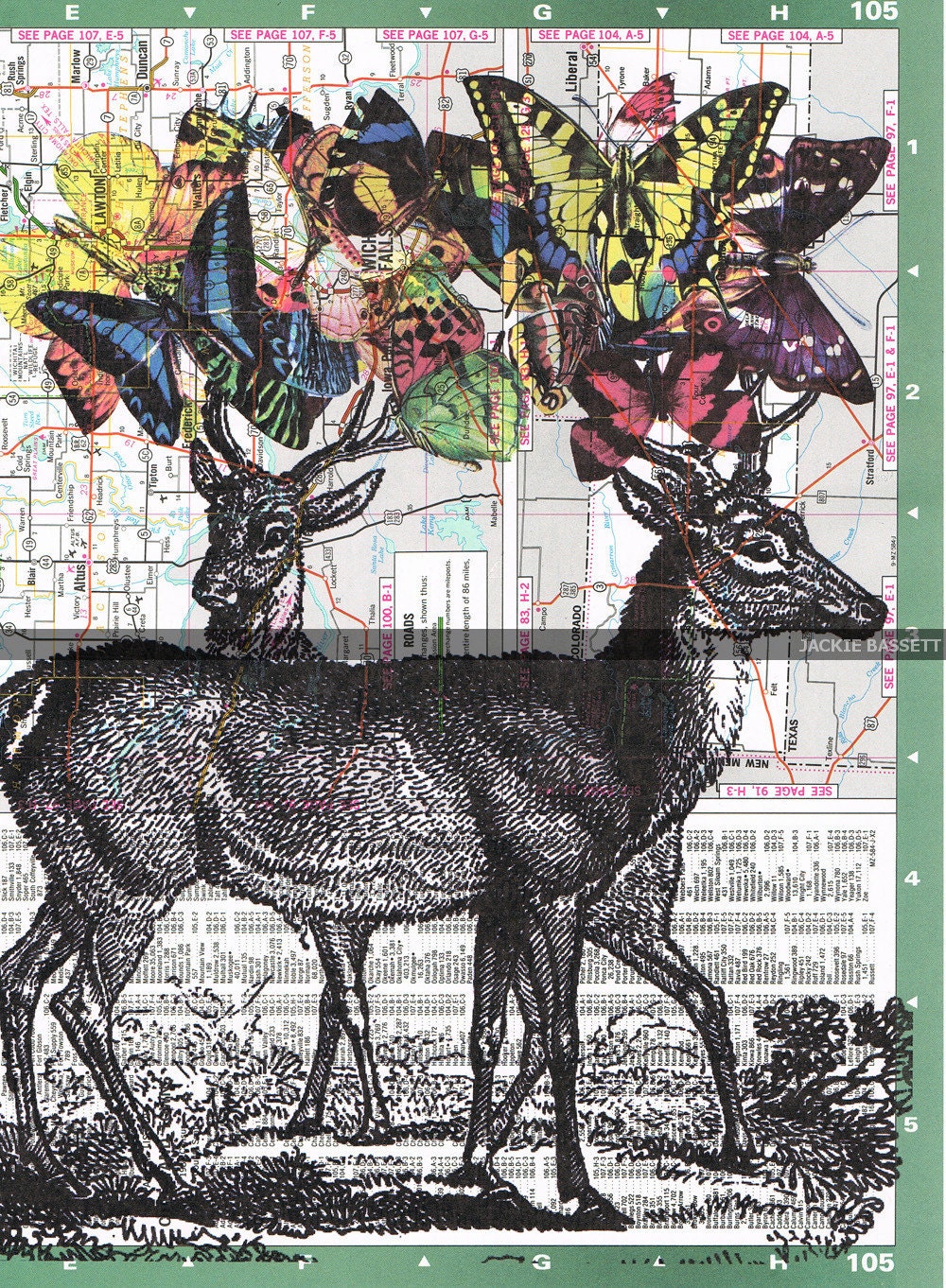 DEER,Butterflies.Colourful.Collage.Map Page Print,home/deco.affordable,art,freebie/Fathers day.mom.dad.animal lover