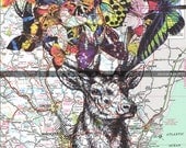 DEER,Butterflies.Colourful.Collage.Map Page Print,home/deco.affordable,art,freebie/Fathers day.mom.dad.animal lover