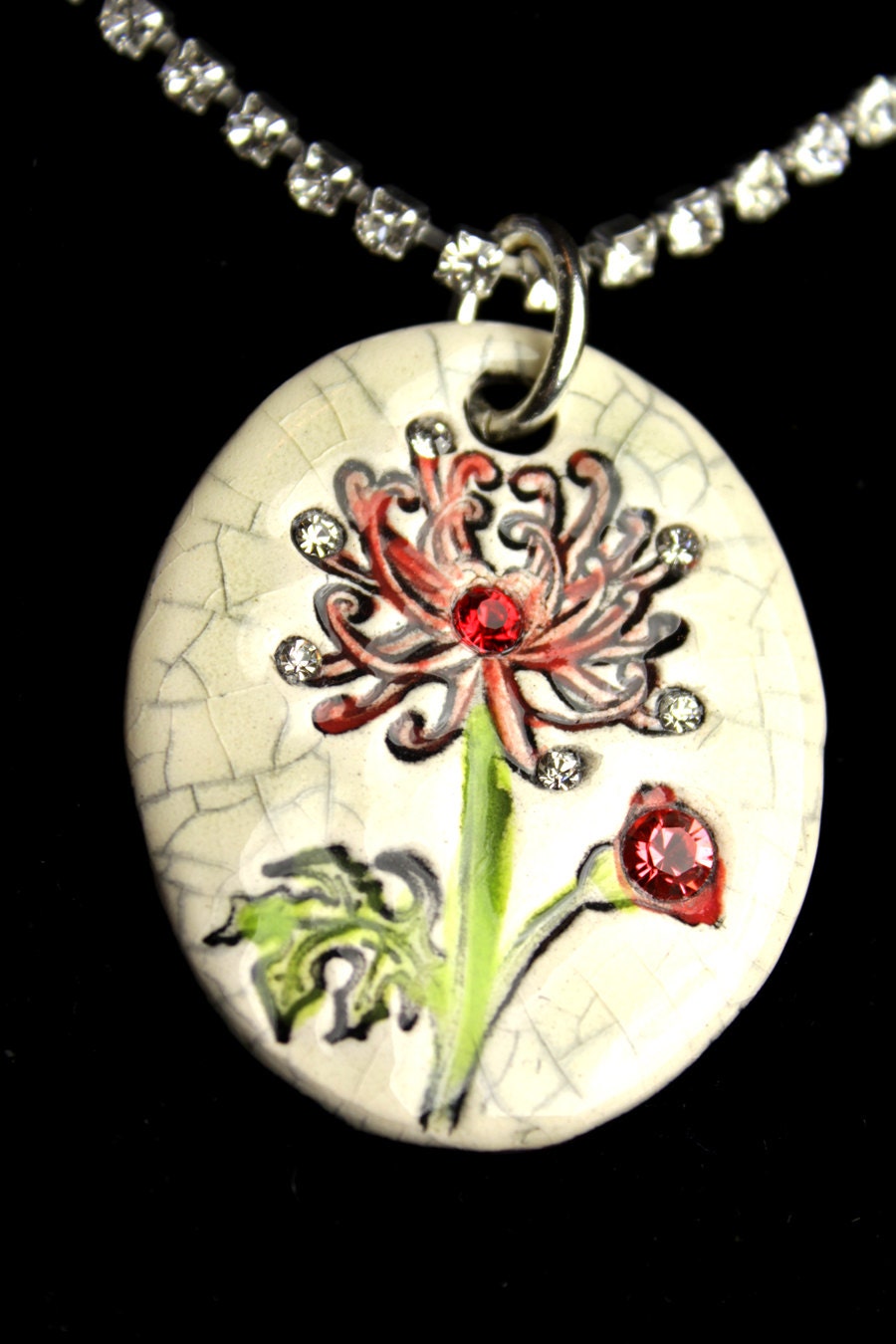 Chrysanthemum Sparkle Surly Necklace with Swarovski Crystals in Mocha Crackle Glaze