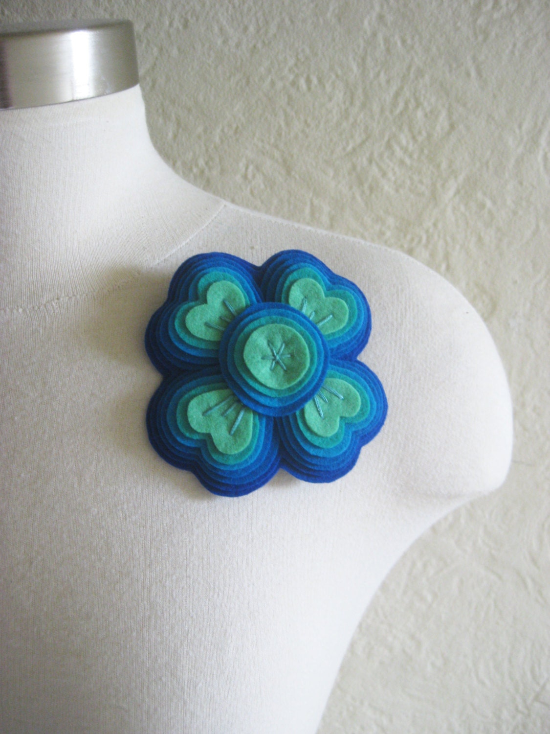 one of a kind large felt flower brooch no. 6 in sea green and indigo, ready to ship