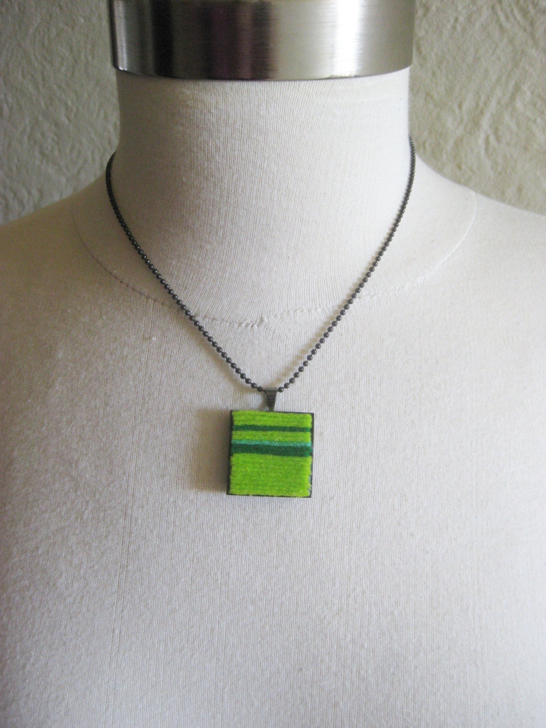 felt square necklace in emerald and lime green, one of a kind, simple pendant, ready to ship
