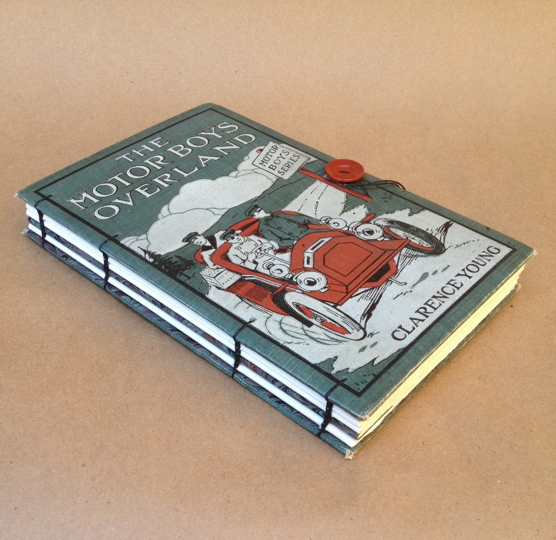 Vintage Blank Book Journal with Marbled Paper and Found Pages: Motorboys Overland