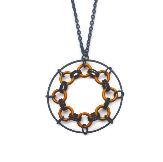 Black and Orange Spirograph Necklace