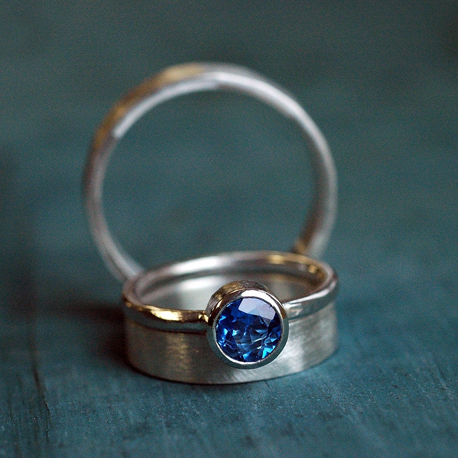 Wedding Ring Set - EcoFriendly - Blue Sapphire Gemstone Engagement Ring - Bridal Jewelry - Recycled Sterling Silver - Imitation Sapphire