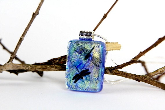 Dragonflies Turquoise Dichroic Pendant- Glass Jewelry- Dragonfly Necklace- Fused Glass Jewelry- Dragonfly Necklace