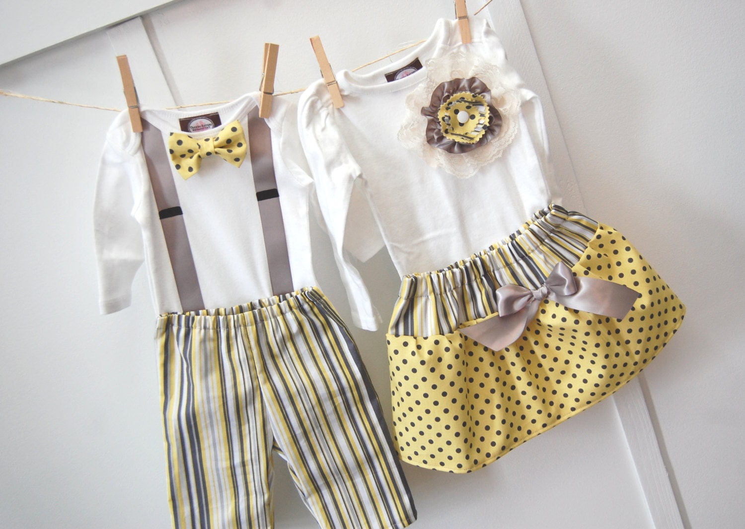 Easter sibling set Pictures Boys Tie Girls Dress Yellow Citron Gray Grey Sisters Brothers  Bow Tie Skirt Pant 2pc SET - trendysisters