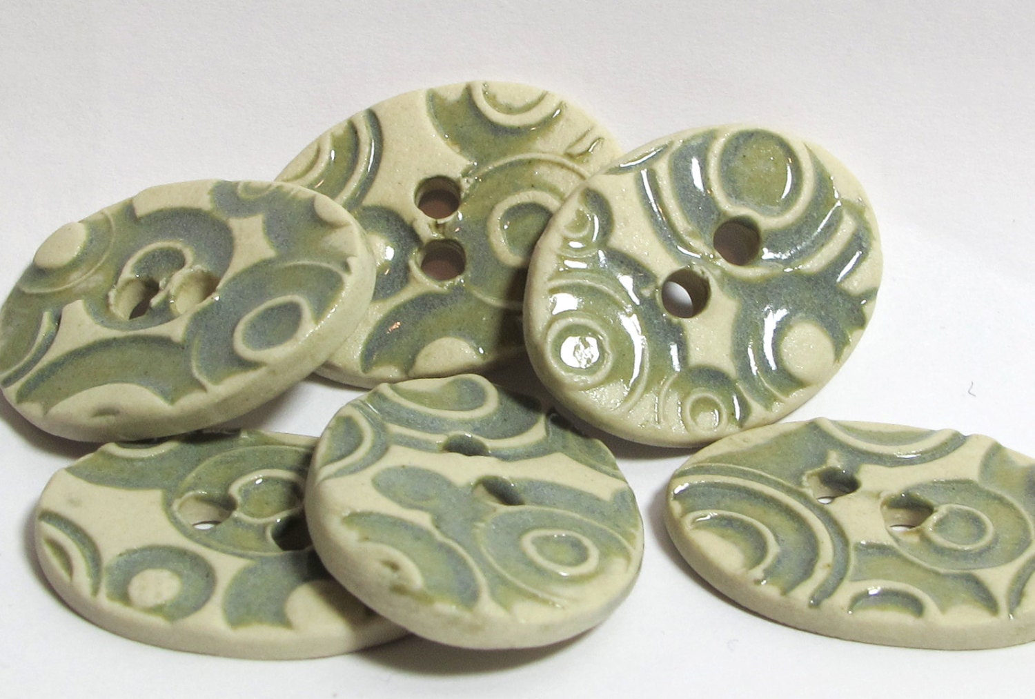 Handmade Oval Stoneware Button - Pale Blue Circle Pattern