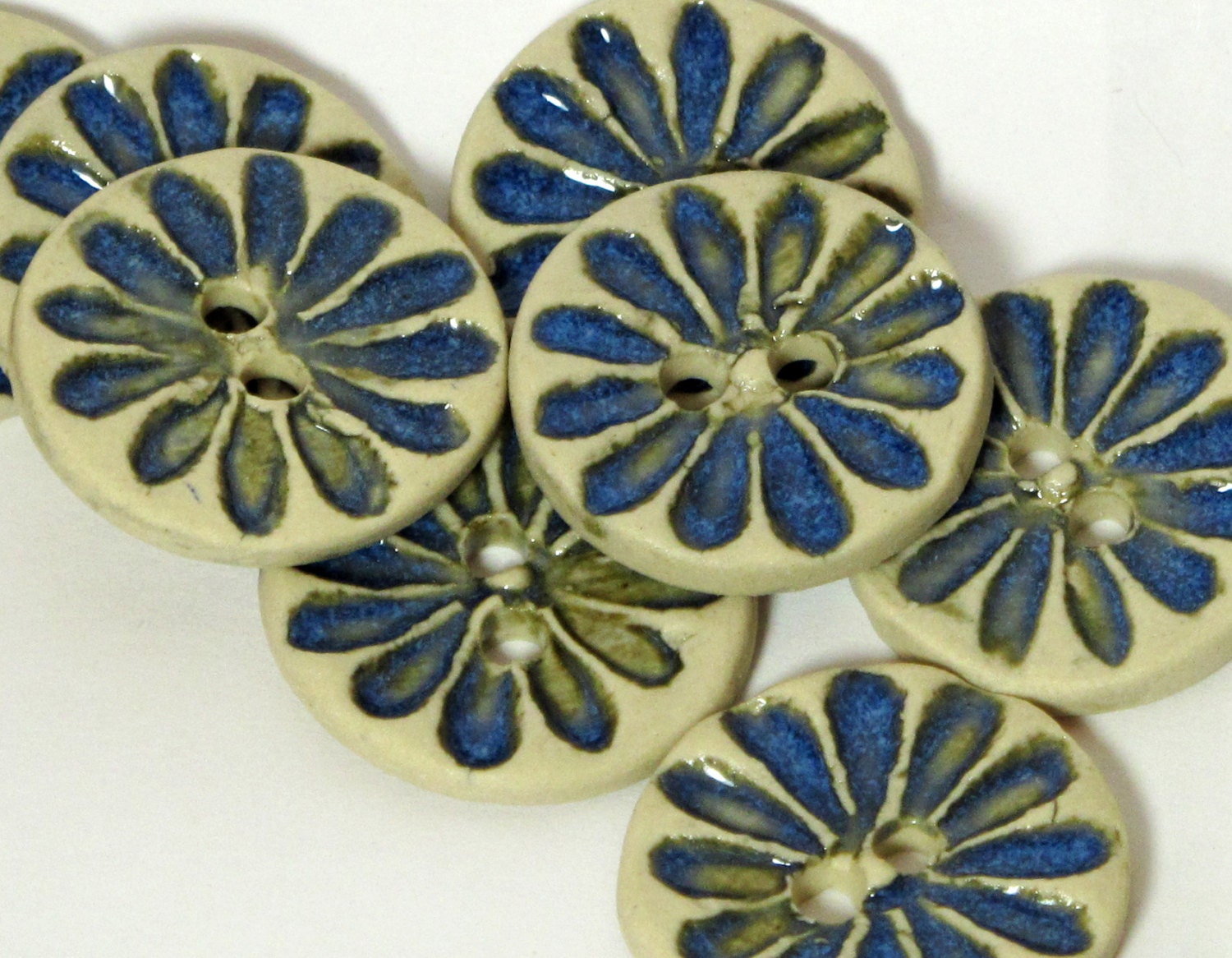 Handmade Ceramic Stoneware Button - Blue Green Flower