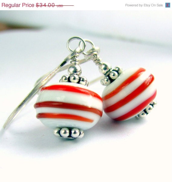 20% off sale Red white swirl glass bead sterling silver earrings Candy cane