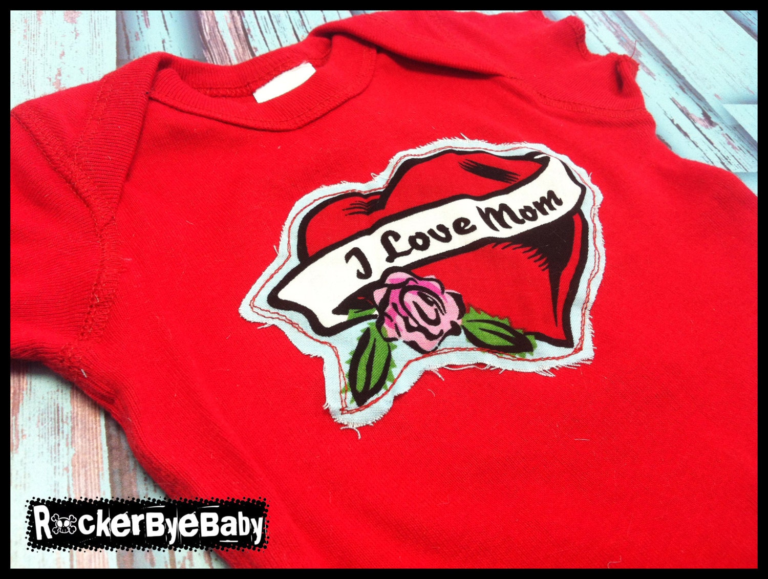 Custom I Love Mom Lap t-shirt heart applique on red shirt girl boy unisex top size NB, 6m, 12m, 18m