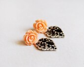 Peach Garden - Delicate Rose and Leaf Drop Stud Earrings - Shabby Chic Jewelry