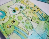 Three Owls funky mixed media  painting in lime green and aqua by Jodi Ohl