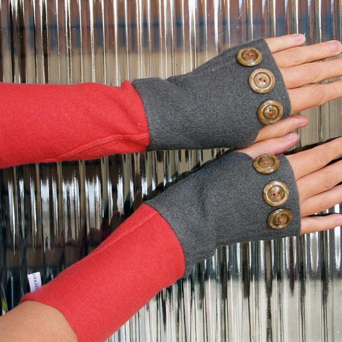 Wool Arm Warmers Felted Sweater Repurposed Fingerless Gloves Mittens- Salmon and Grey with Buttons