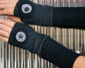 Tubeway Armies Fingerless Gloves Black and Grey Arm Warmers - with Handstitched Circles