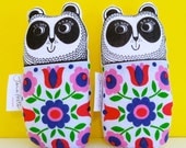 Screen printed handmade toy Panda plush with 70s or 50s vintage fabric by Jane Foster