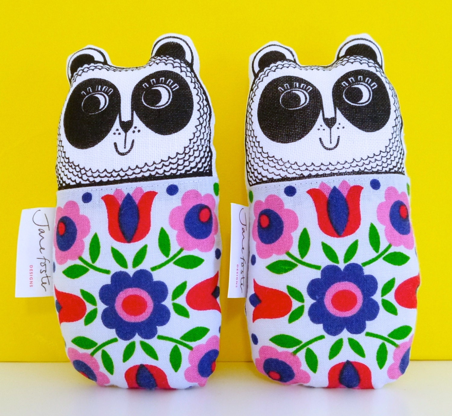 Screen printed handmade toy Panda plush with 70s or 50s vintage fabric by Jane Foster