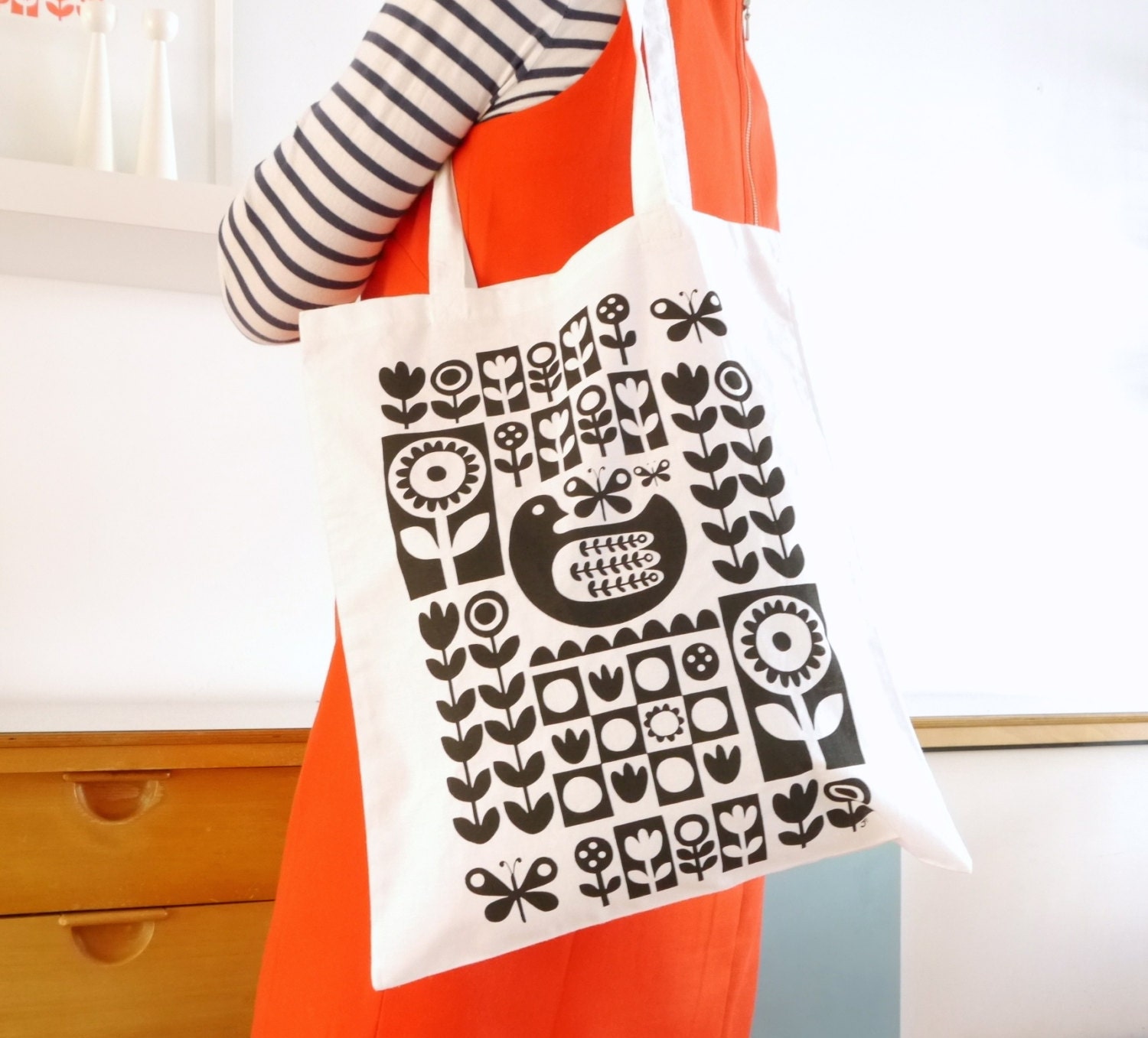 Screen Printed Scandinavian Chicken Shopper Bag by Jane Foster Cotton Fabric