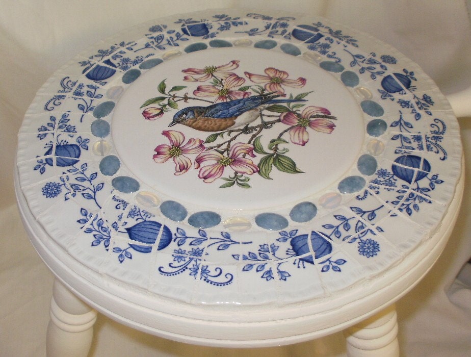 shabby chic cottage blue and white blue bird broken china tile mosaic milking stool plant or night stand accent piece