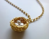 Golden Bird Nest Necklace, Freshwater Pearls