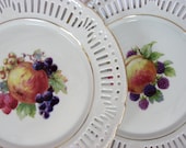 2 Fruit Motif Pierced Edge Plates Schrvarzenhammer, Schwarzenhammer Bavaria, Germany Peach, Apple Berries