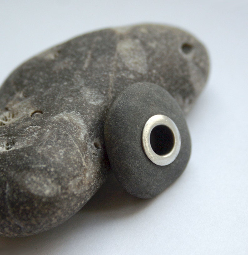 Silver Riveted Beach Stone . Grey Stone With Big Sterling Silver Rivet Tube Grommet  4