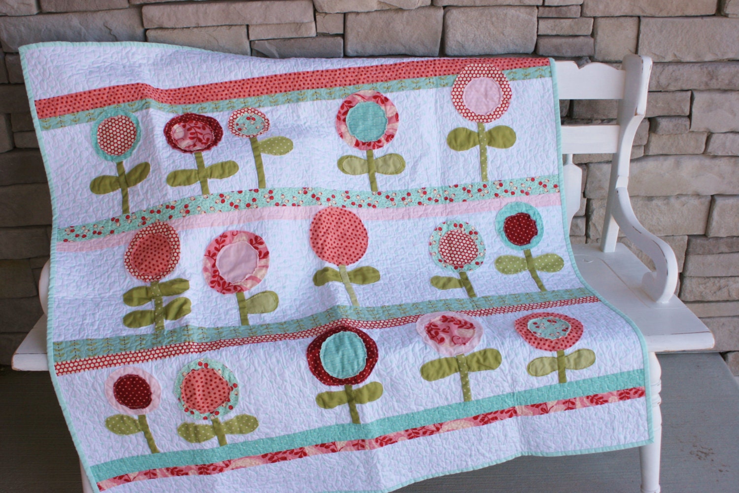 Sweet Blossoms Baby Quilt in Red Pink Aqua and Green