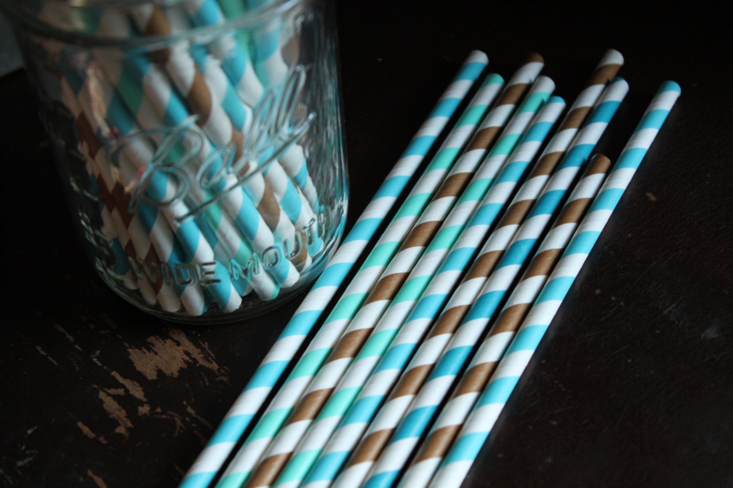 Cowboy Striped Paper Straws -- set of 20 --Barn Party -- Blue and Brown -- Aqua & Chocolate Il_170x135