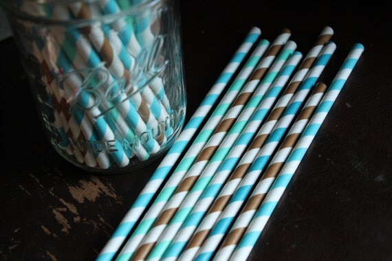 Cowboy Striped Paper Straws -- set of 20 --Barn Party -- Blue and Brown -- Aqua & Chocolate Il_570xn