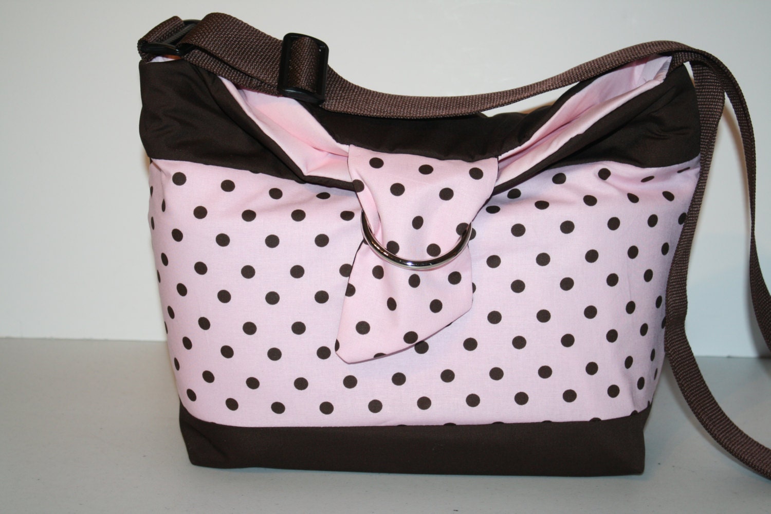 Small Diaper Bag  Nappy Tote  Shoulder Bag Handbag Baby Bag Toddler Tote HOBO Bag Pink Brown Polka Dot / messenger strap XcessRize Designs