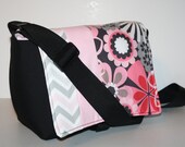 Diaper Bag / Nappy Tote / Purse / Baby Bag / Toddler Tote / MESSENGER Bag / More Pockets / Grey Pink Chevron Flower Shower