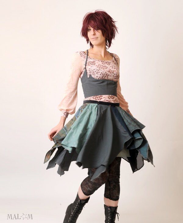Assymetrical skirt - Dark green, teal, blue grey fabrics - Cinderella