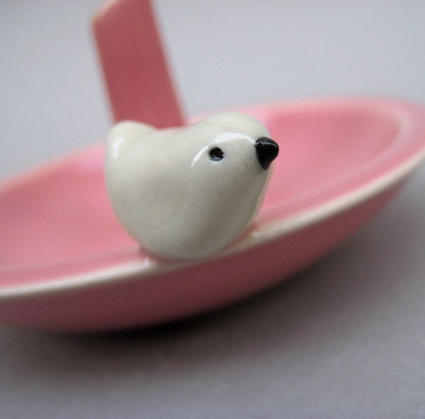 Carnation Pink Bird Bath Jewelry Holder - Handmade stoneware pottery