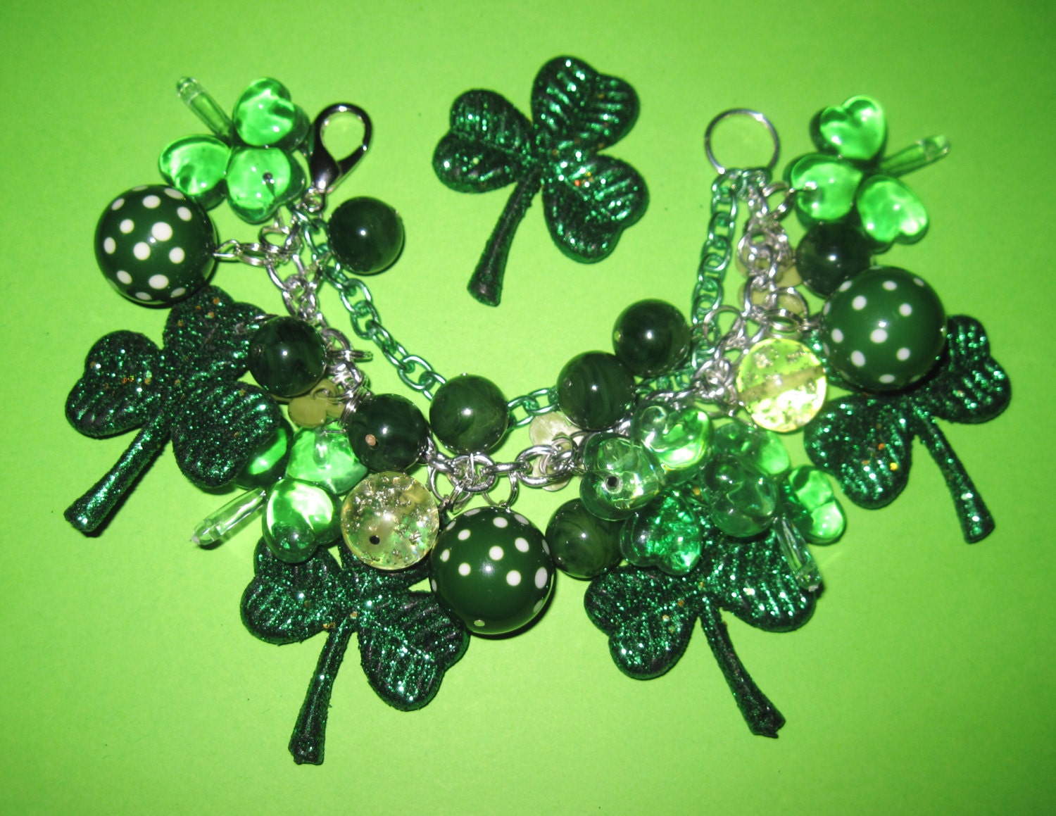 St Patrick's Day Charm Bracelet Vintage Style Jewelry Lucky Irish Clover Shamrocks Green OOAK Chunky Loaded Statement Piece