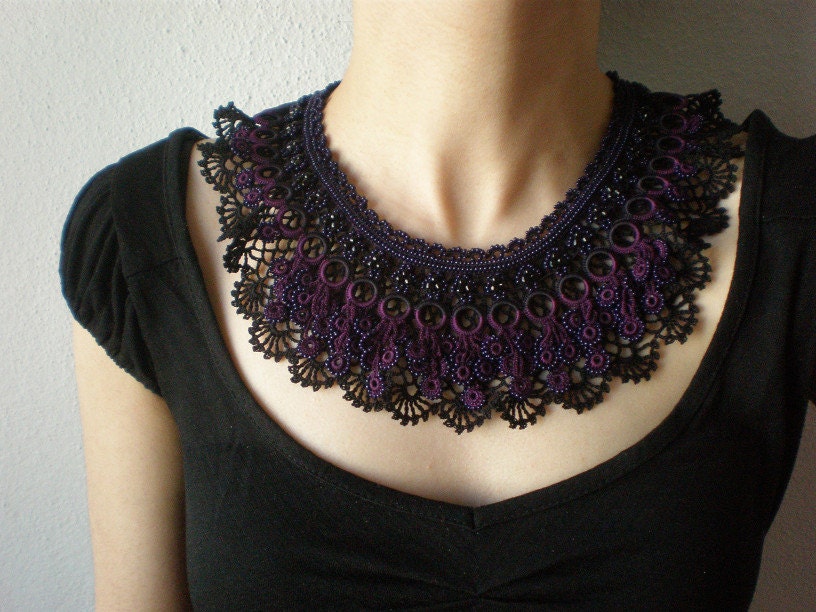 Black Purple Lace - Circular Motion ... Beaded Crochet Necklace - Beadwork - Midnight blue