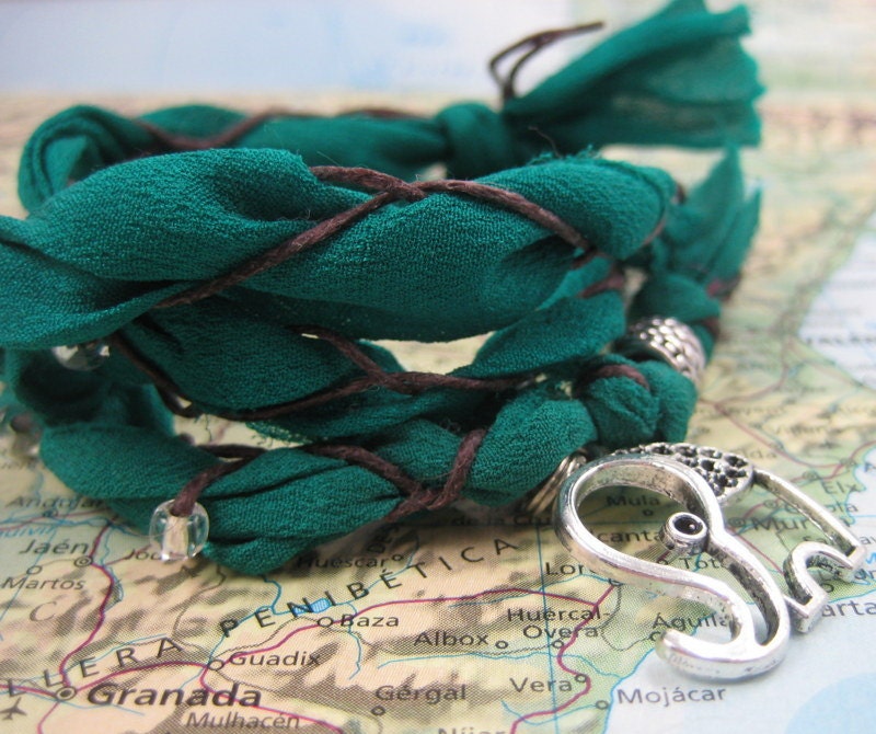Sattva Collection Yoga Wrap Bracelet with Elephant Pendant on Sari and Waxed Linen