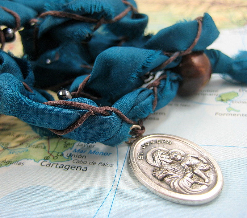 Wrap Bracelet with St. Joseph Medal on Sari and Waxed Linen