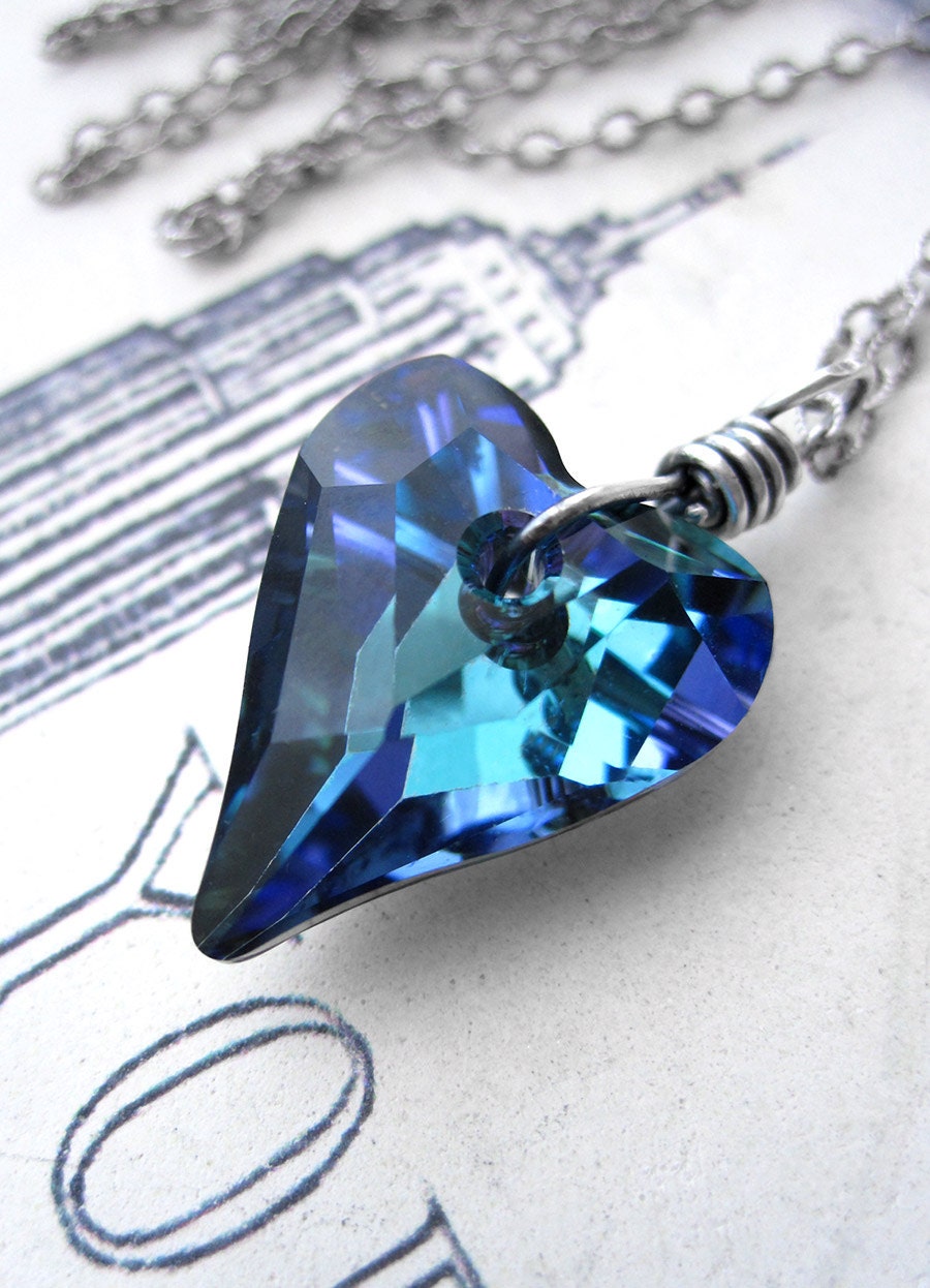 Aqua Blue Crystal Heart Pendant Necklace, Sparking Cobalt Blue, Aqua, Teal, Purple - Love Anniversary Gift, Valentines Day Gift for Her