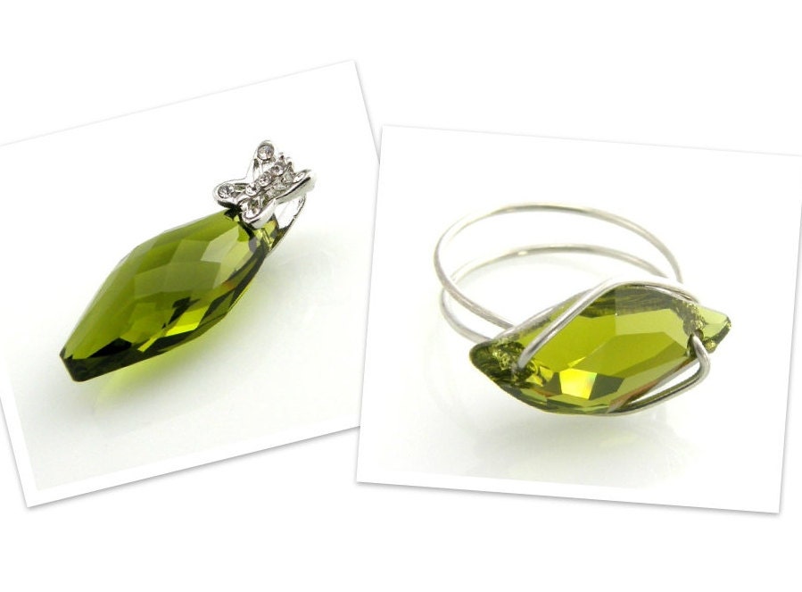 Bridal Jewelry Set Crystal Pendant Crystal Ring Set Olivine Navette Diamond Leaf