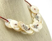 Red Metal Spring Flower Button Necklace Mother of Pearl