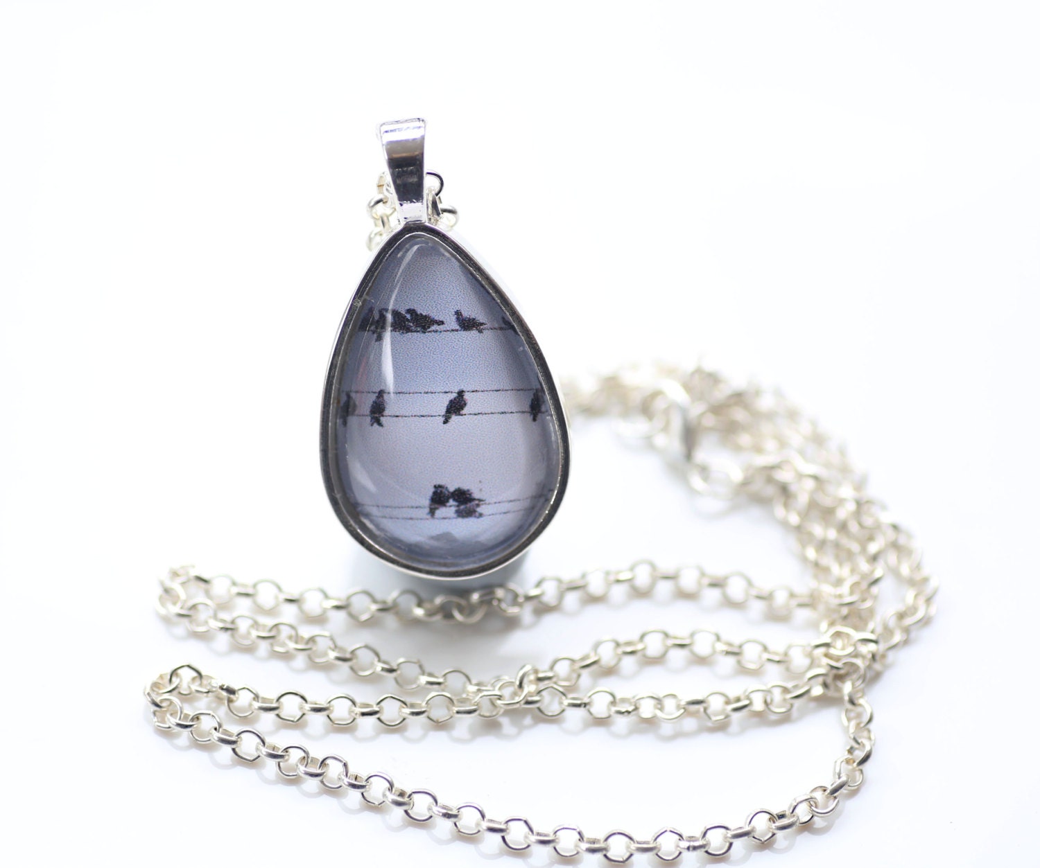 Birds On A Wire Pendant Necklace, Shiny Silver, Photography, Photo Jewelry